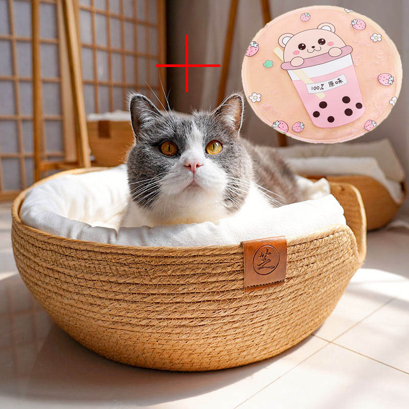 KFX-3249085 Rattan Cat Bed with Detachable Double-Sided Velvet and Ice Pad Options, Sizes S, M, L