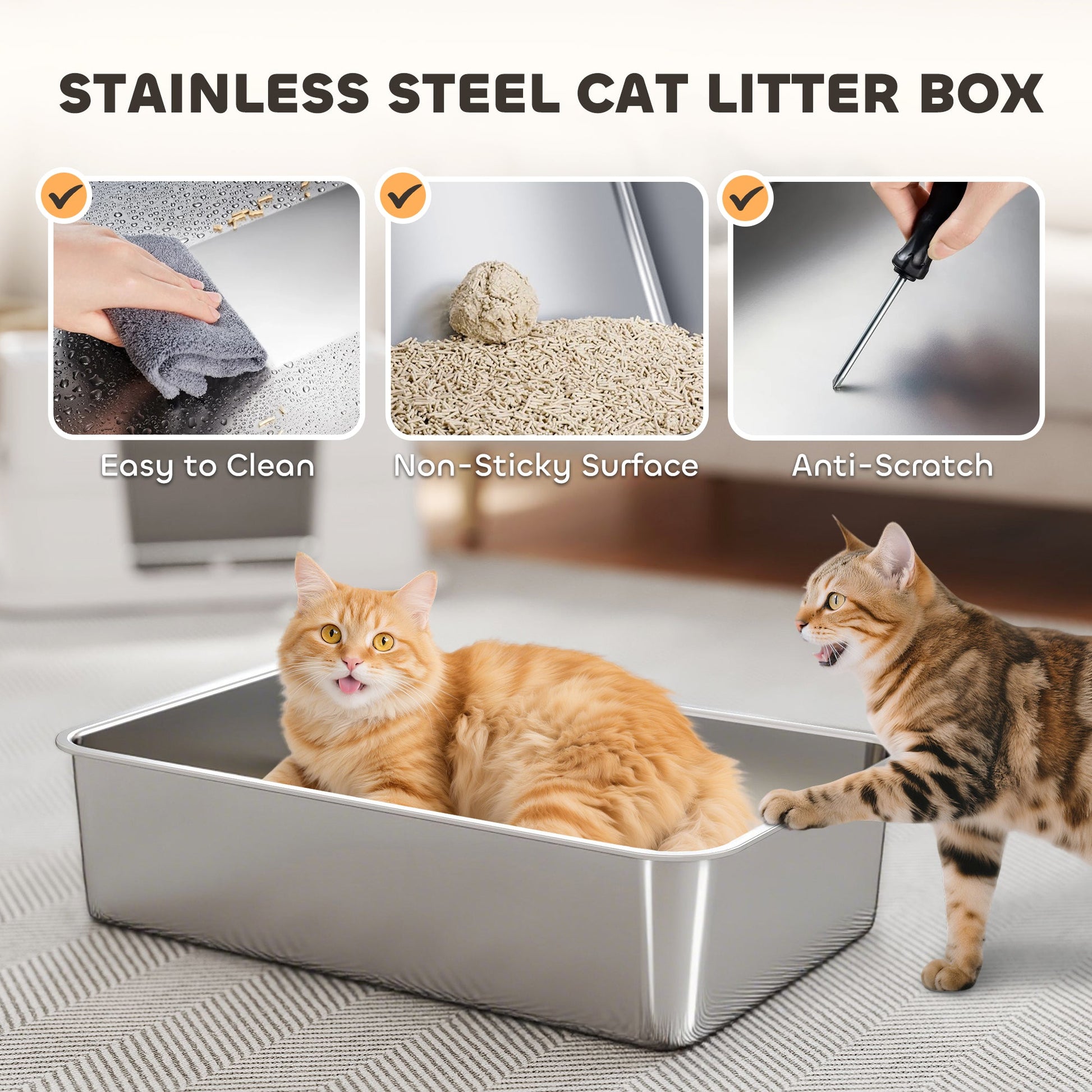 KFX-3250493 XL Stainless Steel Enclosed Litter Box with Dual Entry, 100° Flip Top, Non-Stick Scoop, and Litter Filter Panel