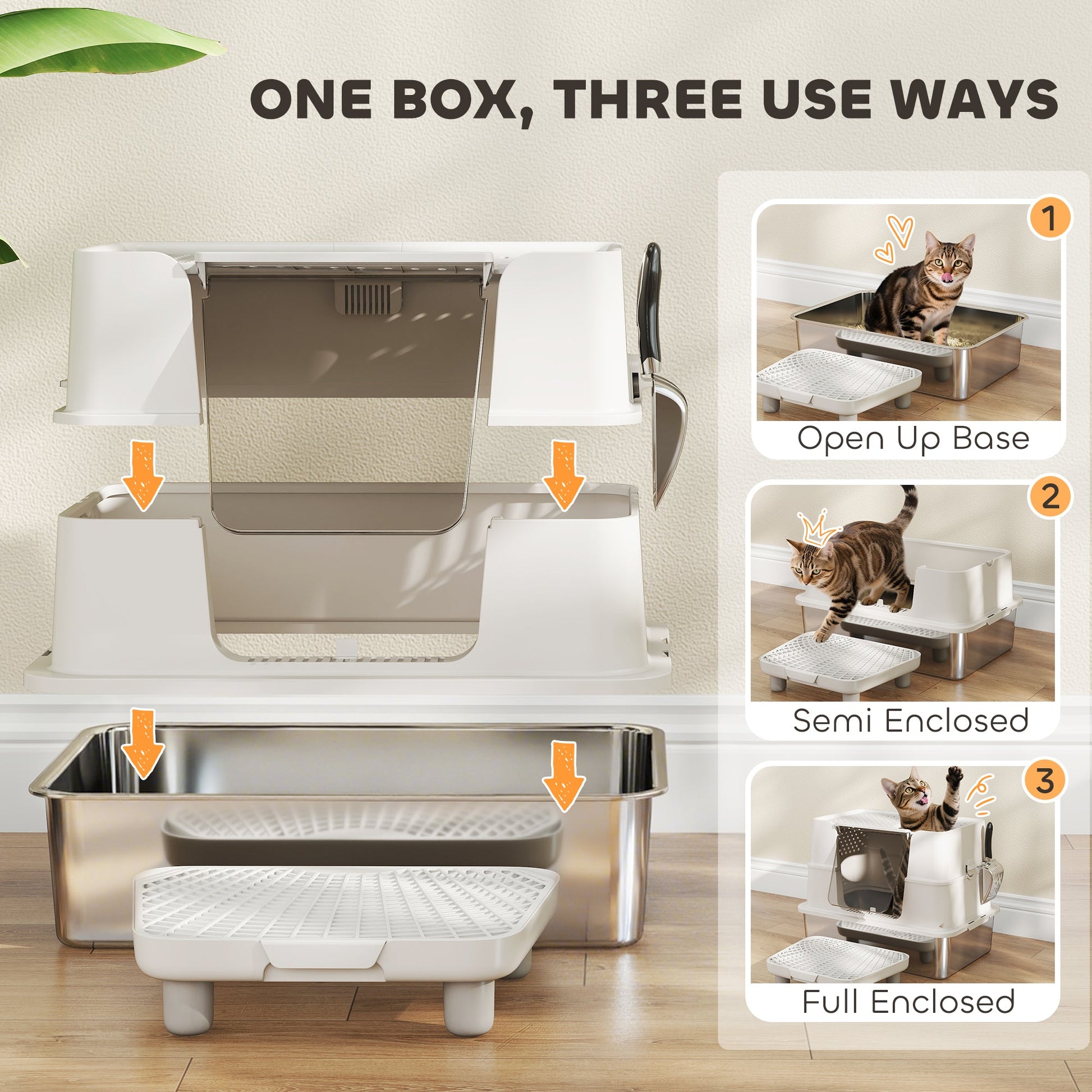 KFX-3250493 XL Stainless Steel Enclosed Litter Box with Dual Entry, 100° Flip Top, Non-Stick Scoop, and Litter Filter Panel