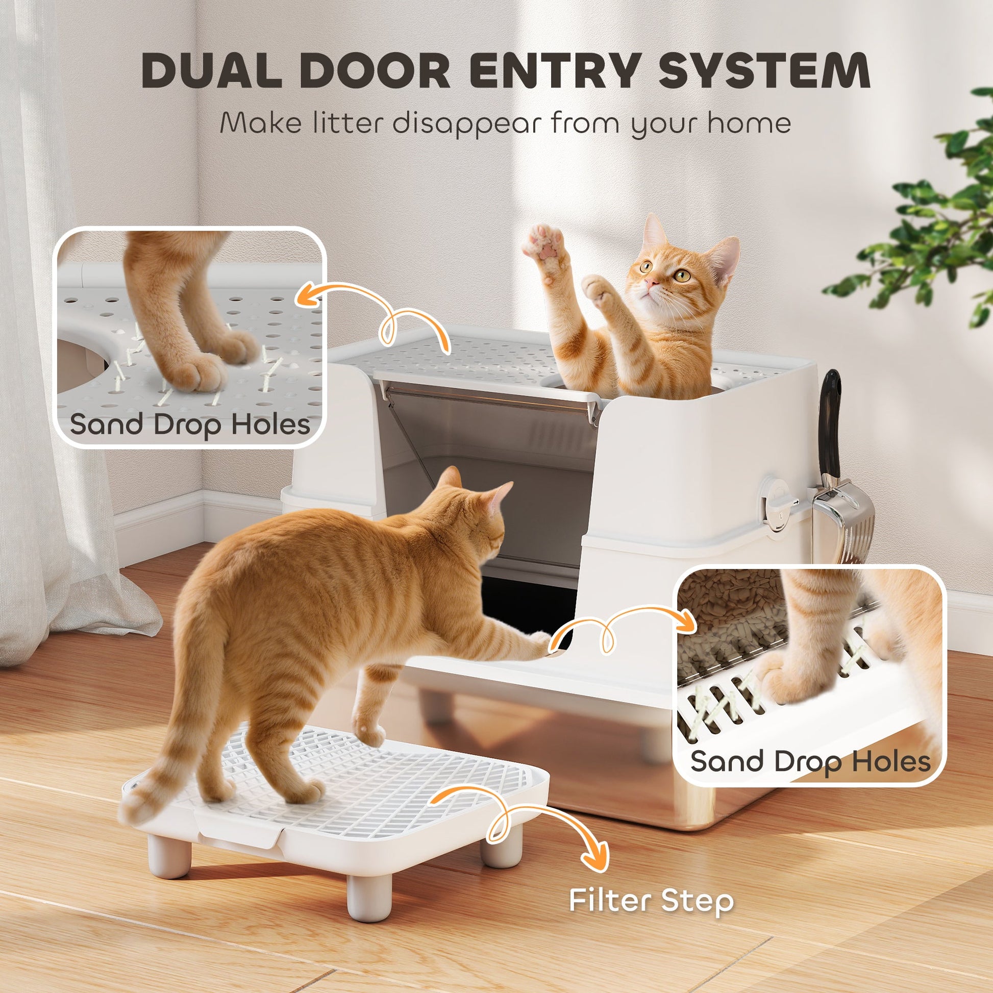KFX-3250493 XL Stainless Steel Enclosed Litter Box with Dual Entry, 100° Flip Top, Non-Stick Scoop, and Litter Filter Panel