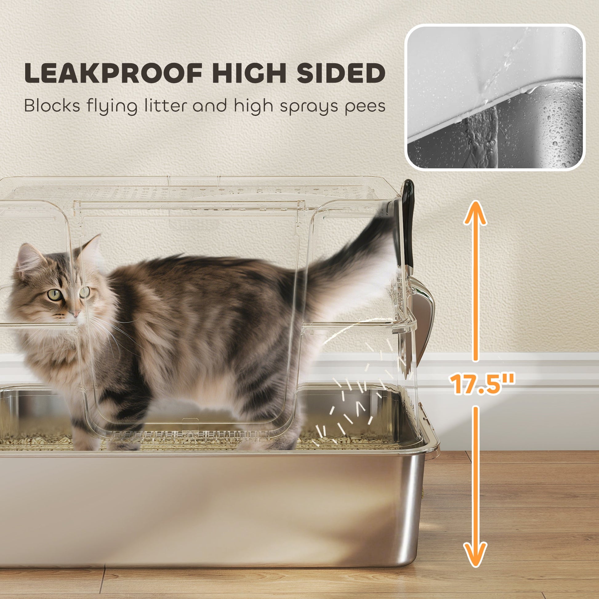 KFX-3250493 XL Stainless Steel Enclosed Litter Box with Dual Entry, 100° Flip Top, Non-Stick Scoop, and Litter Filter Panel