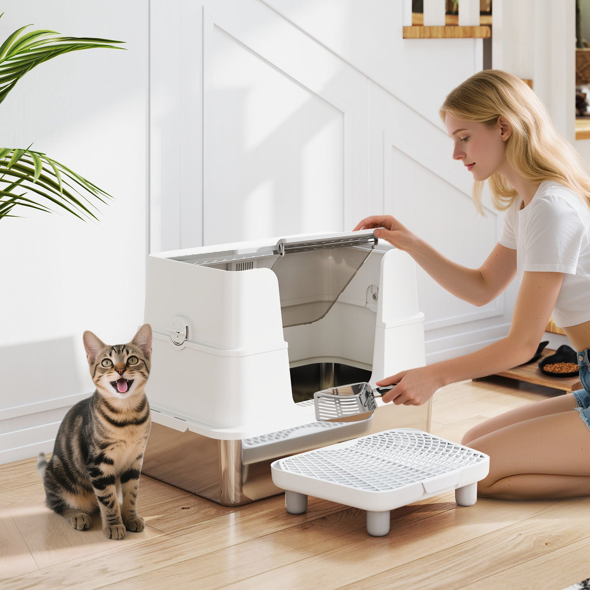 KFX-3250493 XL Stainless Steel Enclosed Litter Box with Dual Entry, 100° Flip Top, Non-Stick Scoop, and Litter Filter Panel