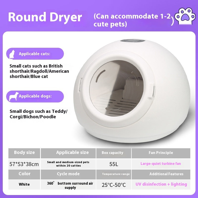 KFX-3256253 Automatic Pet Hair Dryer - 1000W Drying Oven for Cats, Round White Design
