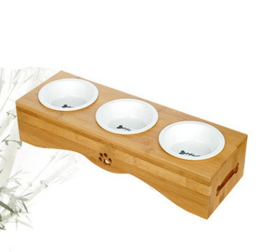 KFX-3260733 Bamboo and Stainless Steel Pet Bowl Holders with Single, Double, and Triple Bowl Options