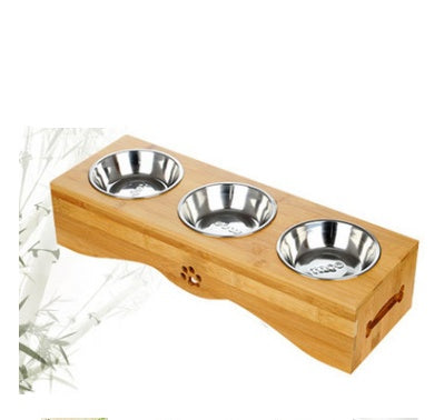 KFX-3260733 Bamboo and Stainless Steel Pet Bowl Holders with Single, Double, and Triple Bowl Options