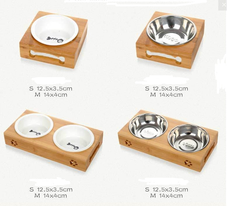 KFX-3260733 Bamboo and Stainless Steel Pet Bowl Holders with Single, Double, and Triple Bowl Options