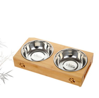 KFX-3260733 Bamboo and Stainless Steel Pet Bowl Holders with Single, Double, and Triple Bowl Options