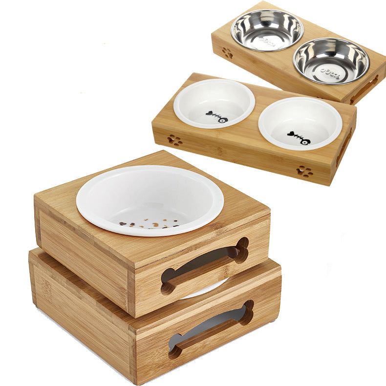KFX-3260733 Bamboo and Stainless Steel Pet Bowl Holders with Single, Double, and Triple Bowl Options