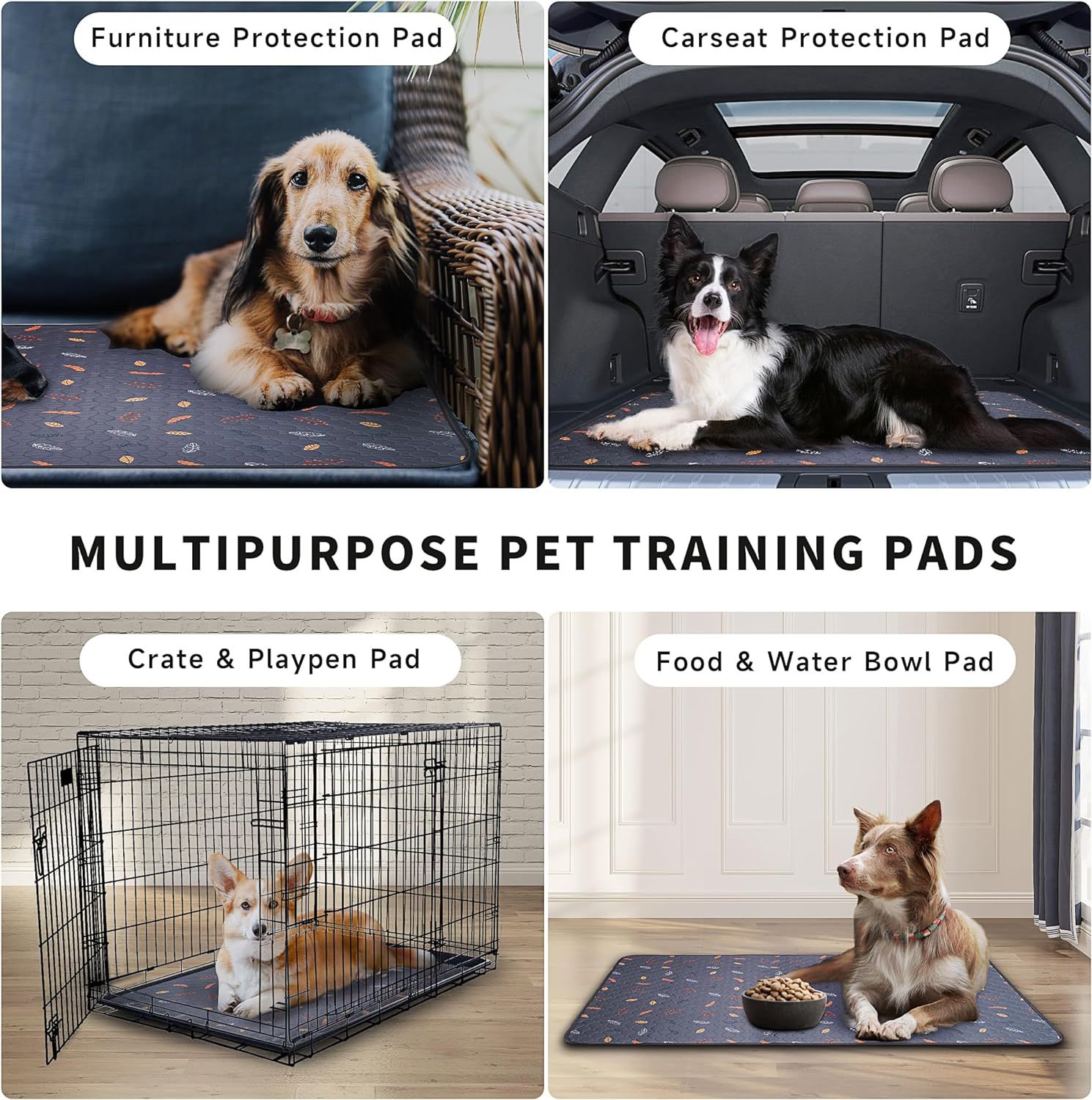 KFX-3262397 Machine Washable Non-Slip Dog Training Urine Pad - Breathable & Absorbent, Dark Gray Leaves Design