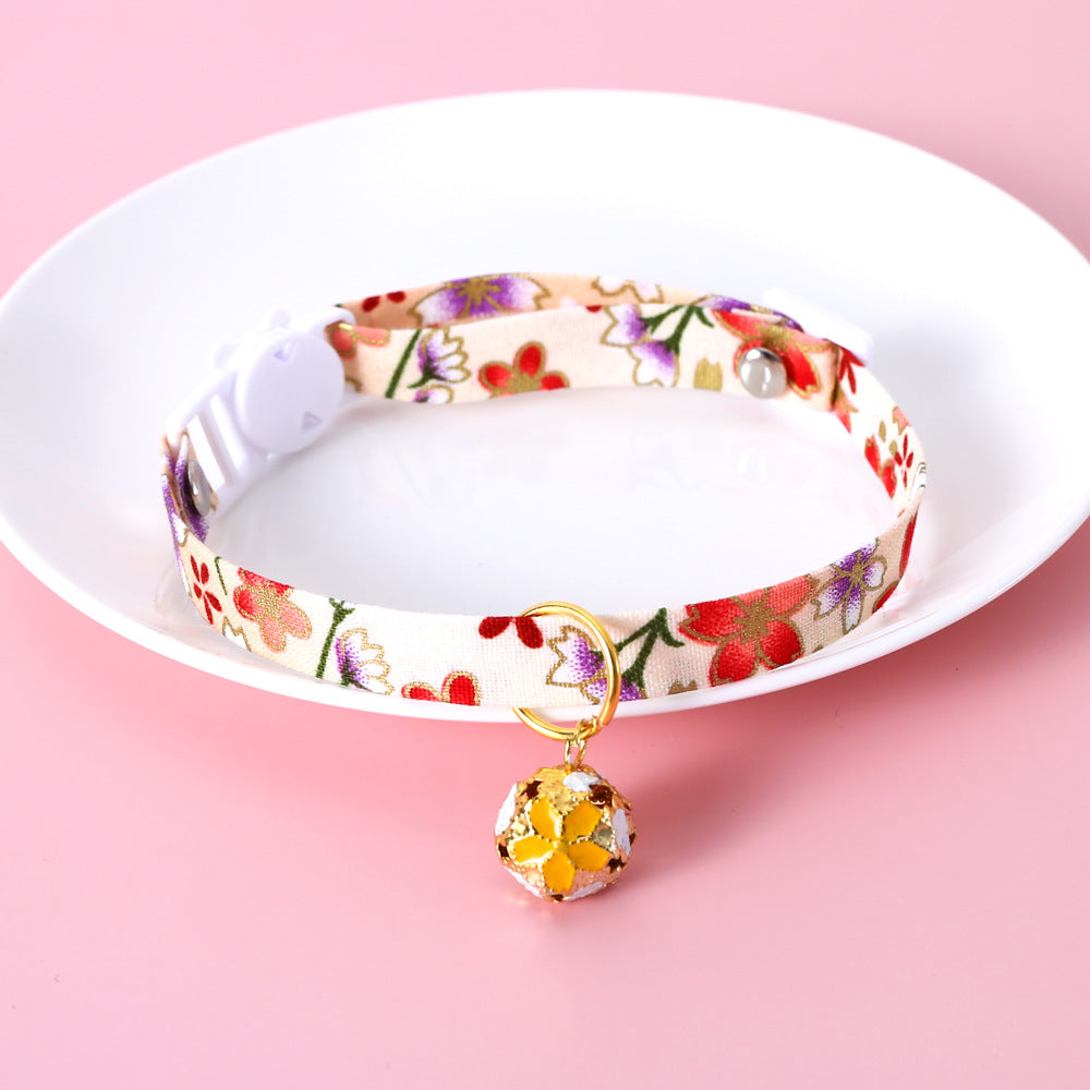 KFX-3262525 Adjustable Flower Pattern Pet Collar with Hollow Bell in Multiple Colors