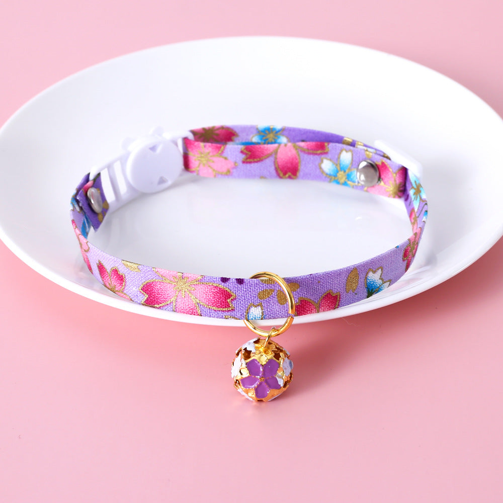 KFX-3262525 Adjustable Flower Pattern Pet Collar with Hollow Bell in Multiple Colors