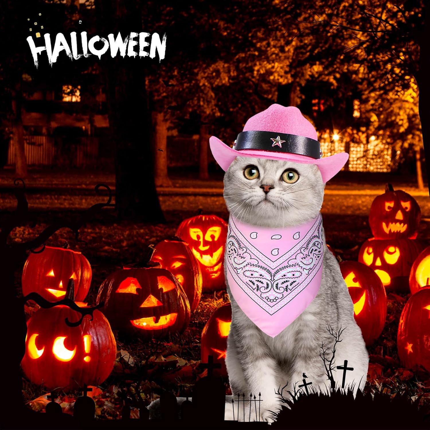 KFX-3264701 Pet Cowboy Costume Set with Hat and Bandana for Cats and Kittens, Ideal for Halloween and Cosplay Events