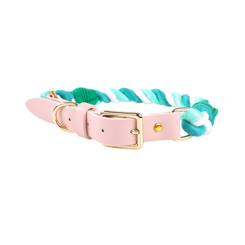 KFX-3268285 Hand Woven Cotton Rope and Leather Adjustable Pet Collar in Multiple Colors