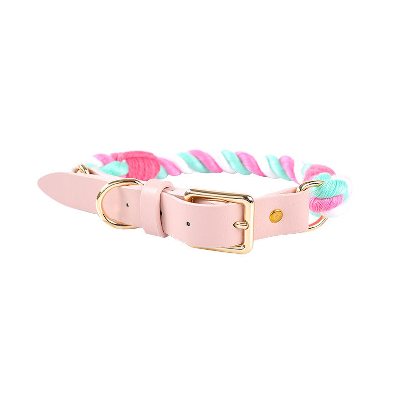 KFX-3268285 Hand Woven Cotton Rope and Leather Adjustable Pet Collar in Multiple Colors