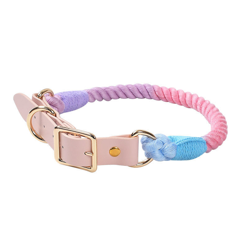KFX-3268285 Hand Woven Cotton Rope and Leather Adjustable Pet Collar in Multiple Colors