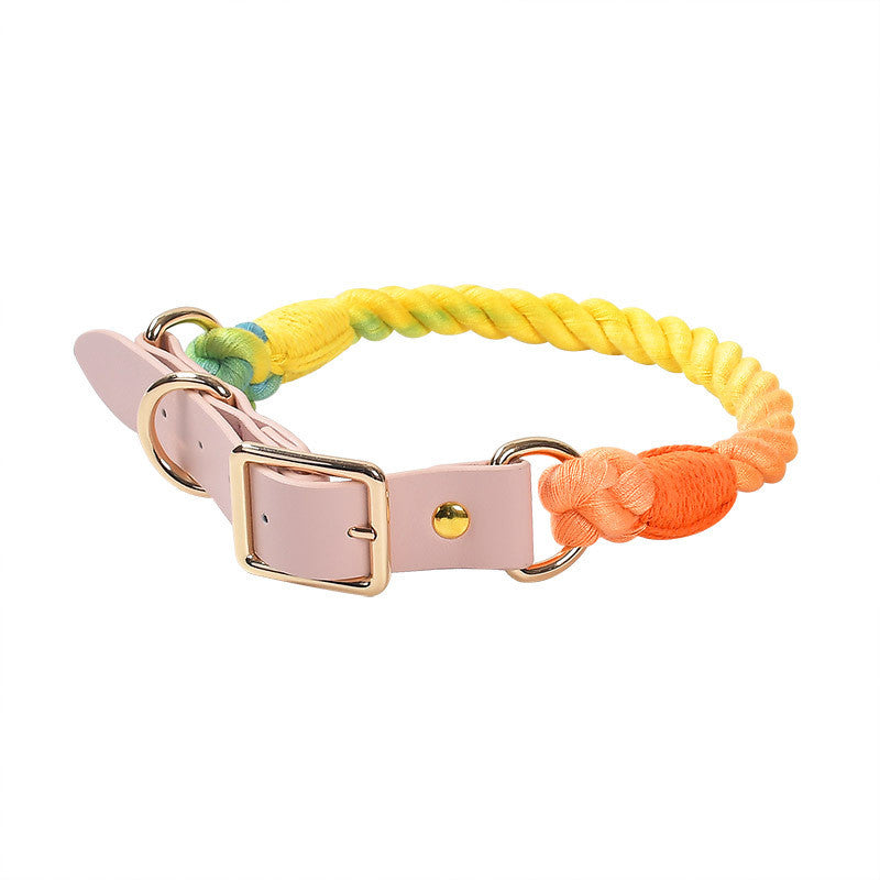 KFX-3268285 Hand Woven Cotton Rope and Leather Adjustable Pet Collar in Multiple Colors