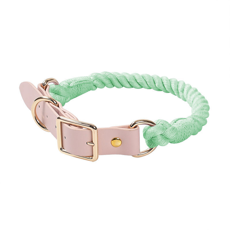 KFX-3268285 Hand Woven Cotton Rope and Leather Adjustable Pet Collar in Multiple Colors