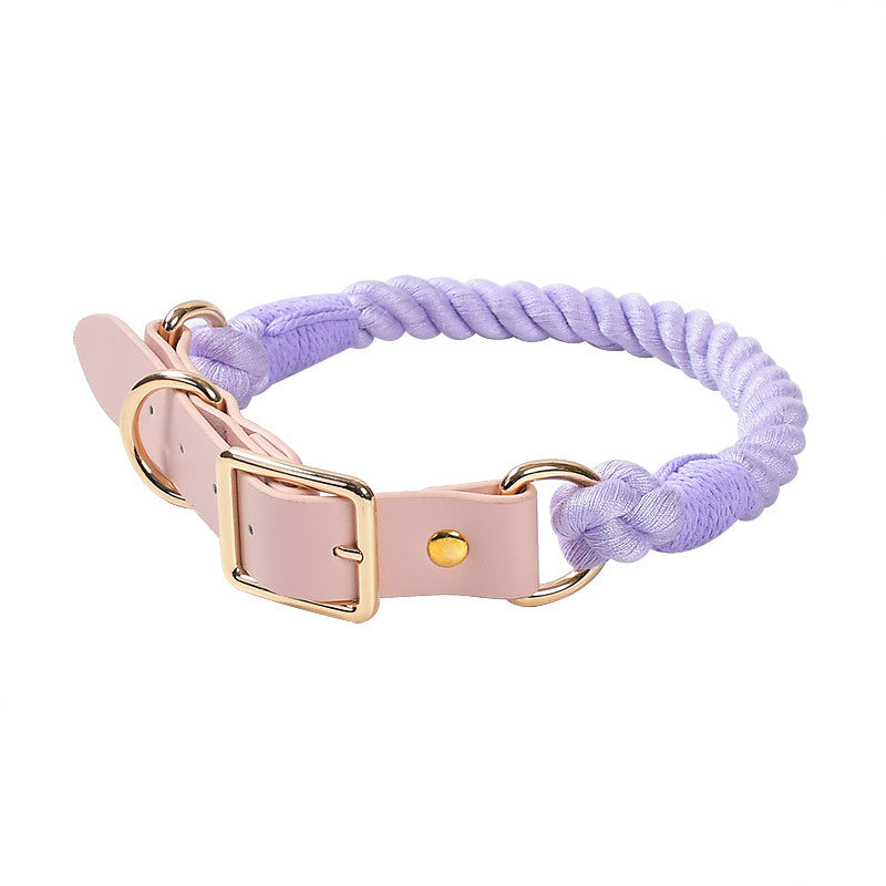 KFX-3268285 Hand Woven Cotton Rope and Leather Adjustable Pet Collar in Multiple Colors