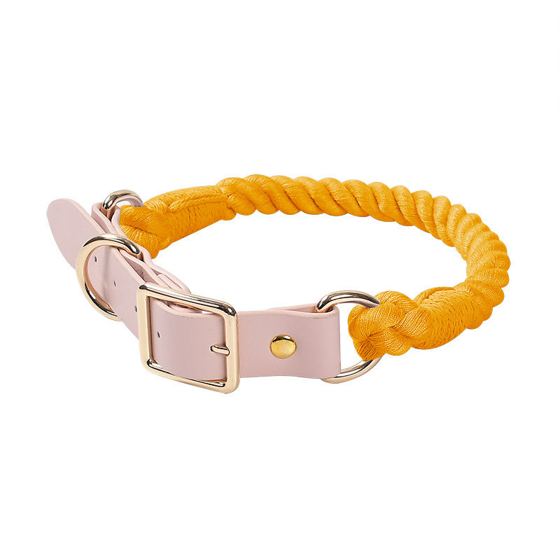 KFX-3268285 Hand Woven Cotton Rope and Leather Adjustable Pet Collar in Multiple Colors
