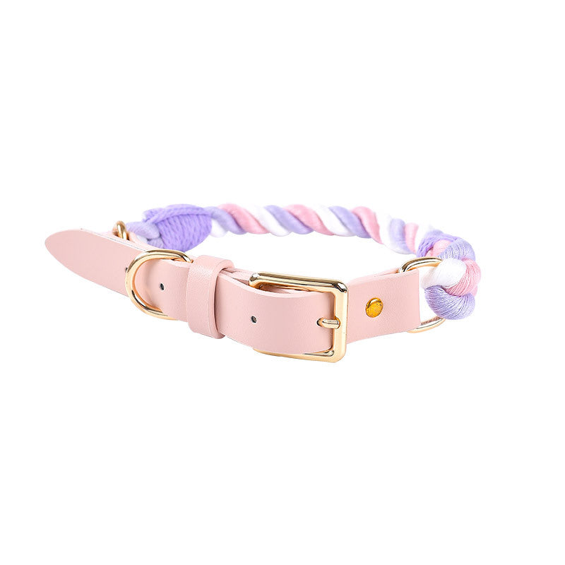 KFX-3268285 Hand Woven Cotton Rope and Leather Adjustable Pet Collar in Multiple Colors
