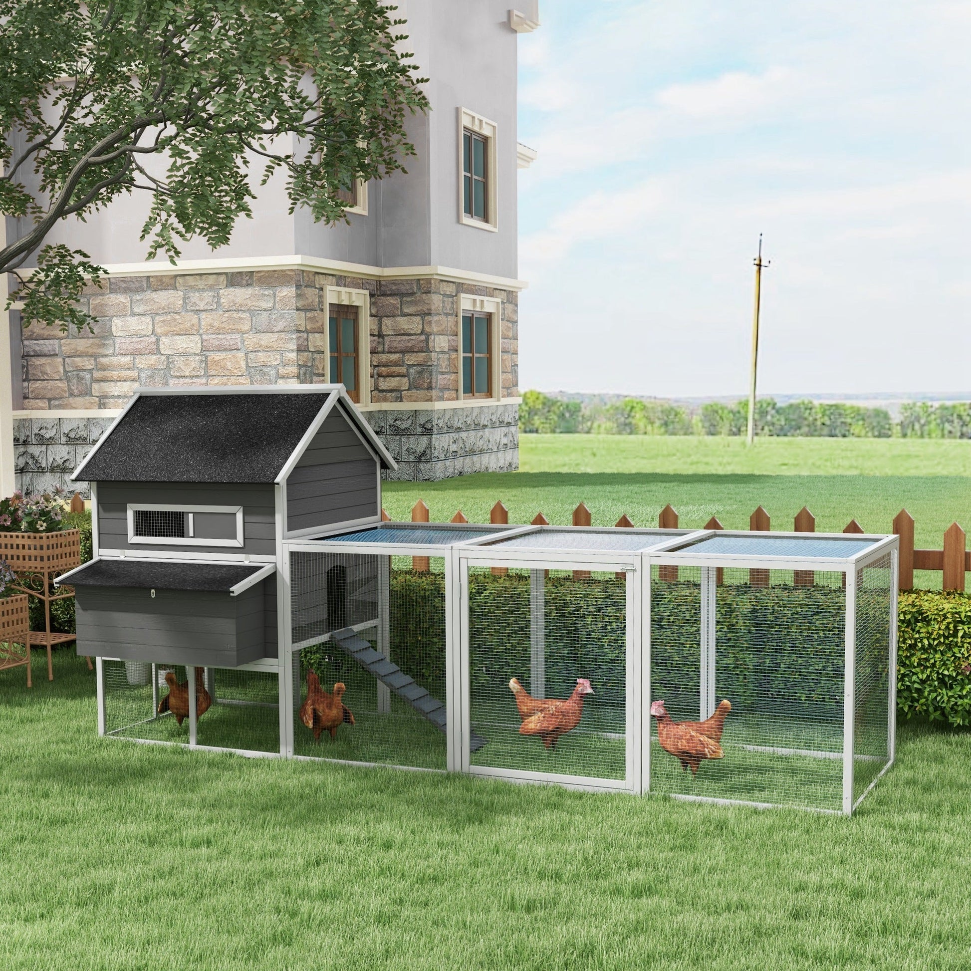 KFX-3269949 Wooden Chicken Coop for 8-10 Chickens - Gray, 137" Deluxe House with Nesting Boxes, Ramp, and Run