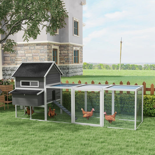KFX-3269949 Wooden Chicken Coop for 8-10 Chickens - Gray, 137" Deluxe House with Nesting Boxes, Ramp, and Run