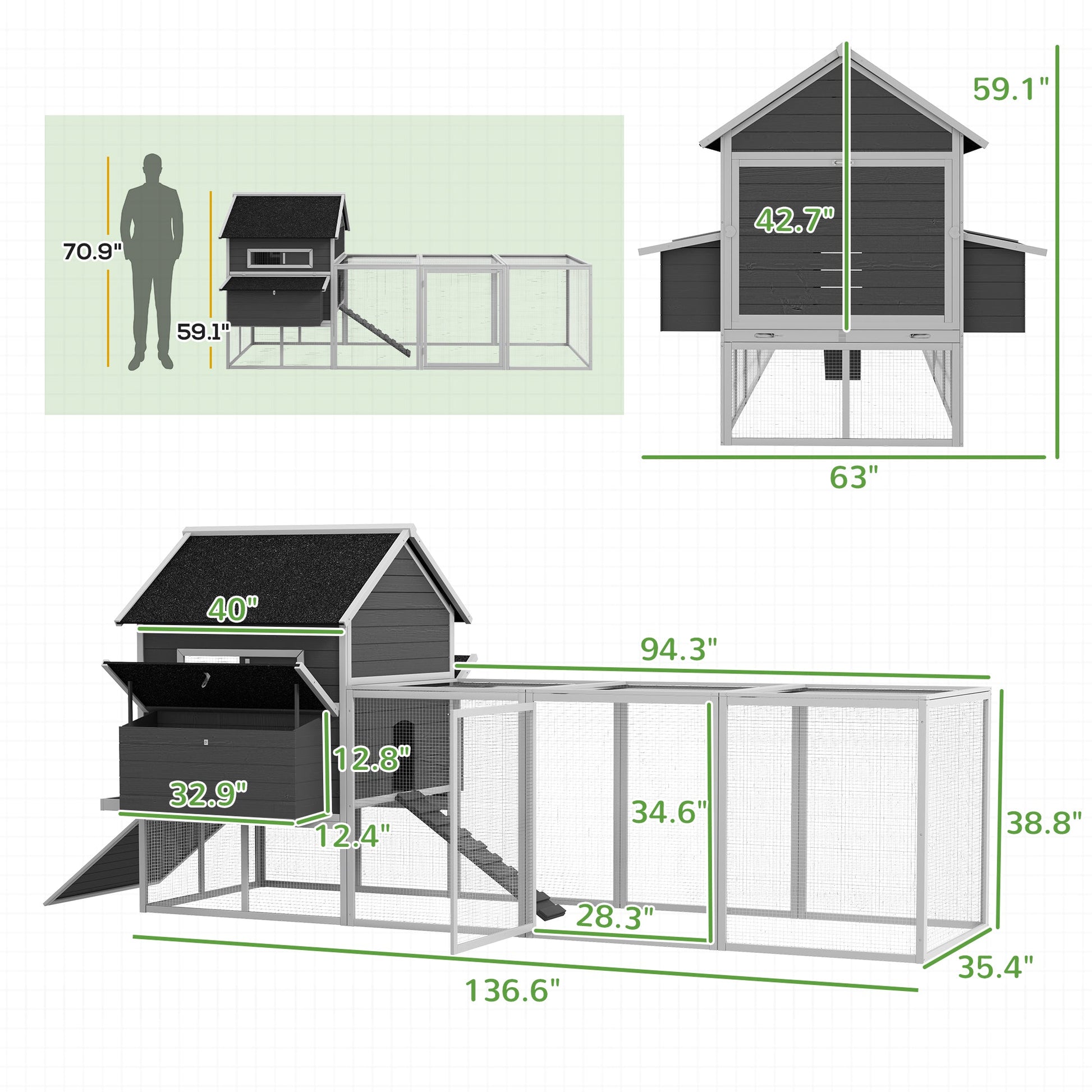 KFX-3269949 Wooden Chicken Coop for 8-10 Chickens - Gray, 137" Deluxe House with Nesting Boxes, Ramp, and Run