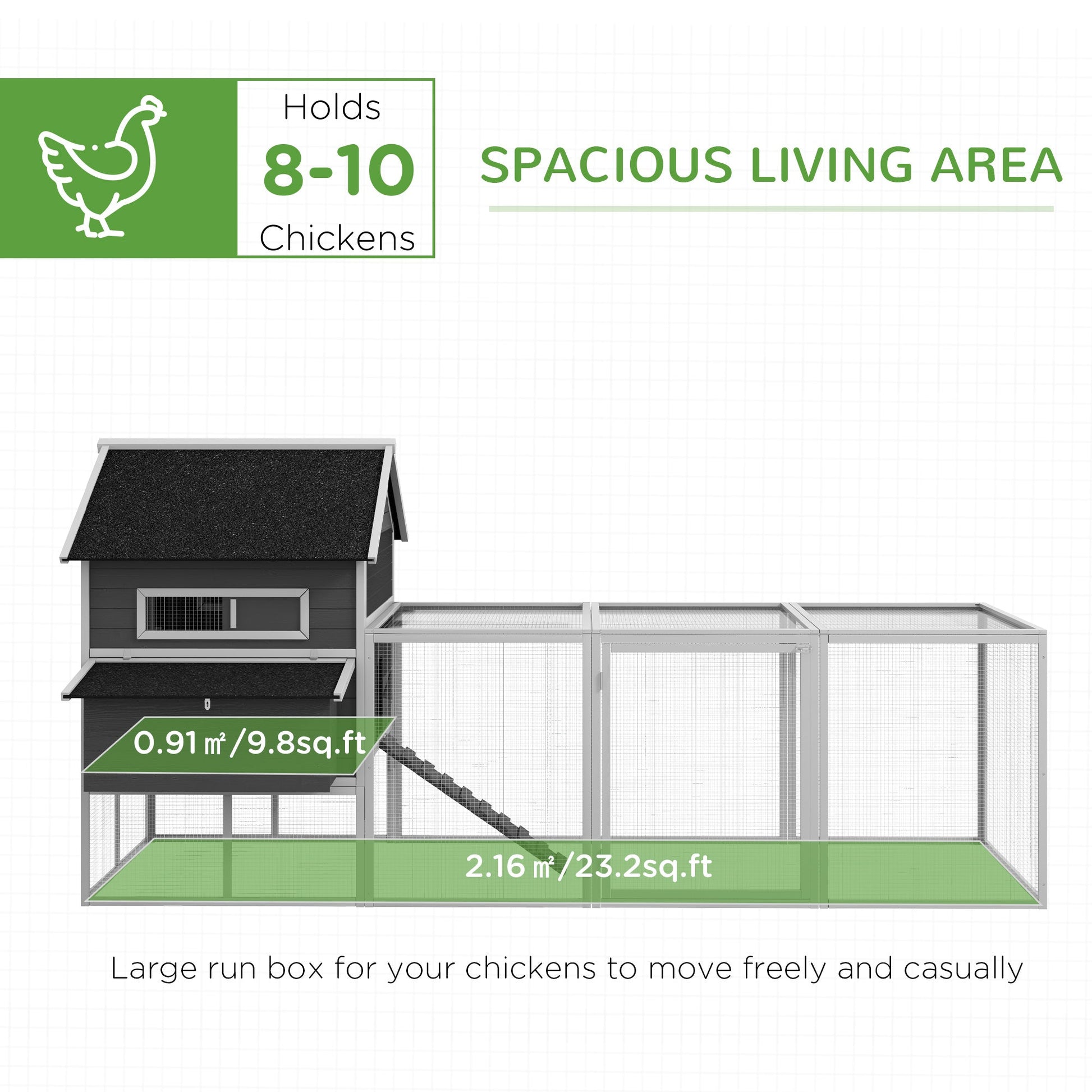 KFX-3269949 Wooden Chicken Coop for 8-10 Chickens - Gray, 137" Deluxe House with Nesting Boxes, Ramp, and Run