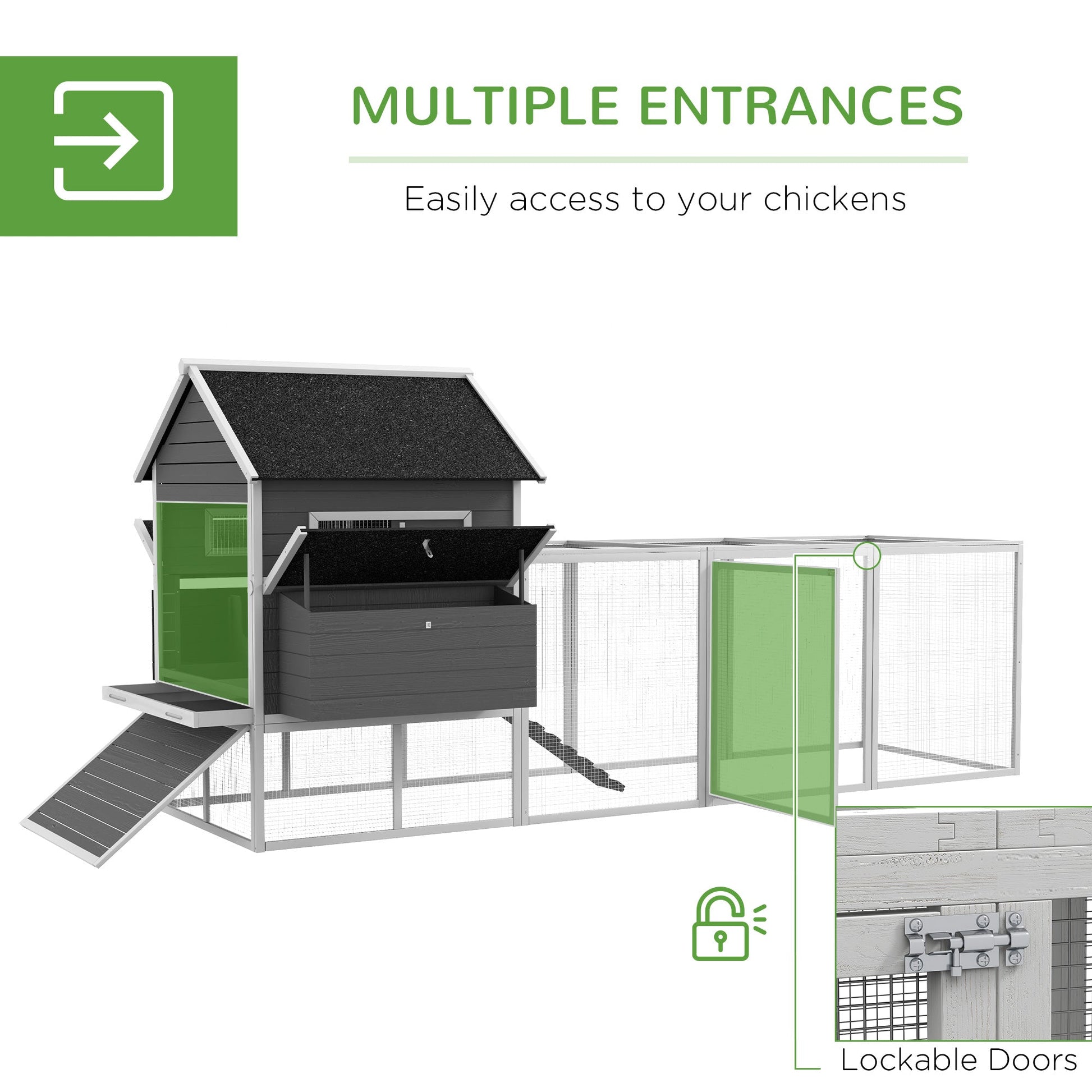 KFX-3269949 Wooden Chicken Coop for 8-10 Chickens - Gray, 137" Deluxe House with Nesting Boxes, Ramp, and Run
