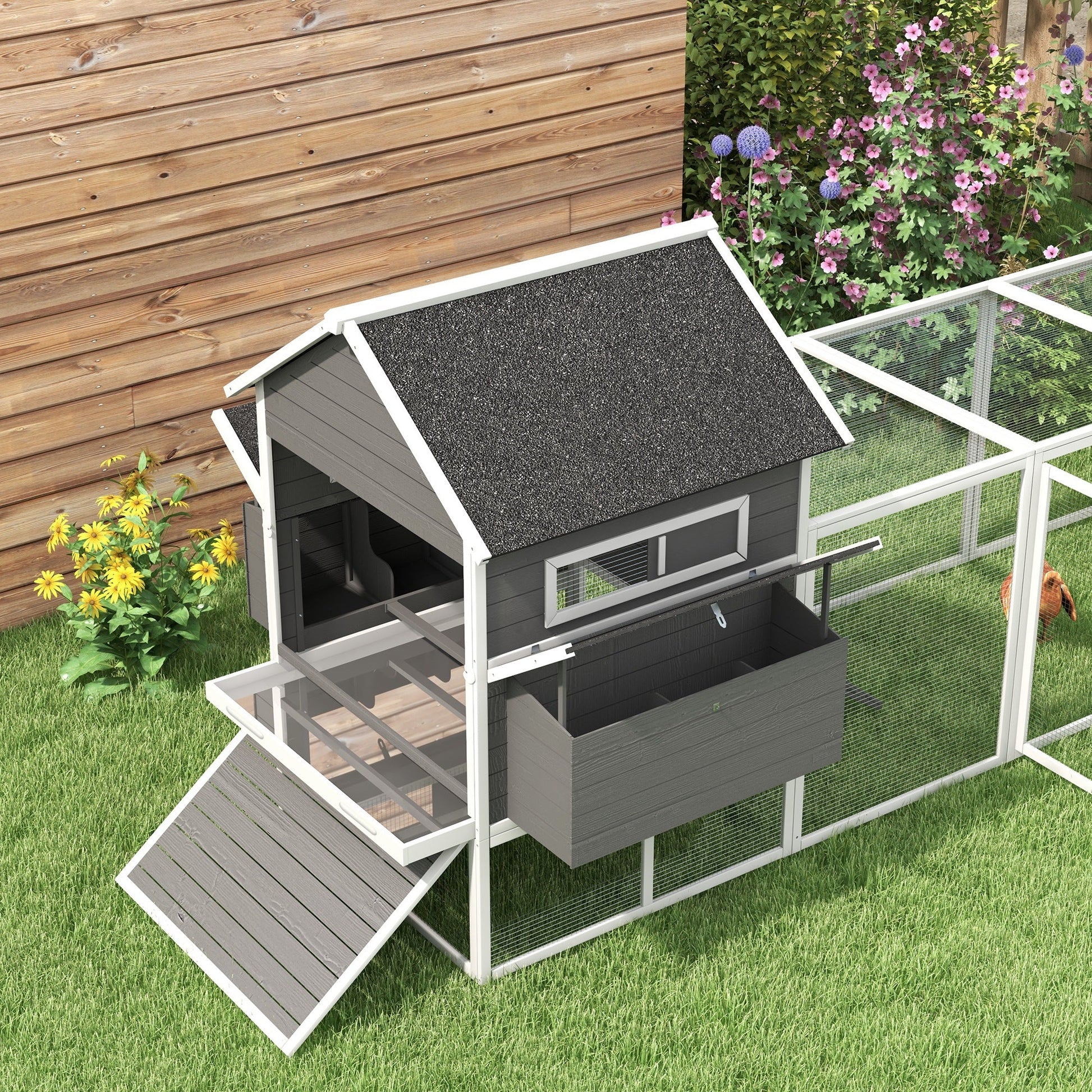 KFX-3269949 Wooden Chicken Coop for 8-10 Chickens - Gray, 137" Deluxe House with Nesting Boxes, Ramp, and Run