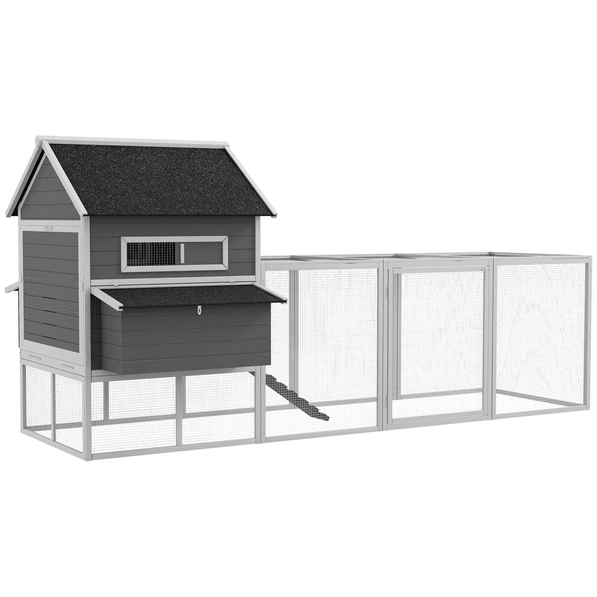 KFX-3269949 Wooden Chicken Coop for 8-10 Chickens - Gray, 137" Deluxe House with Nesting Boxes, Ramp, and Run