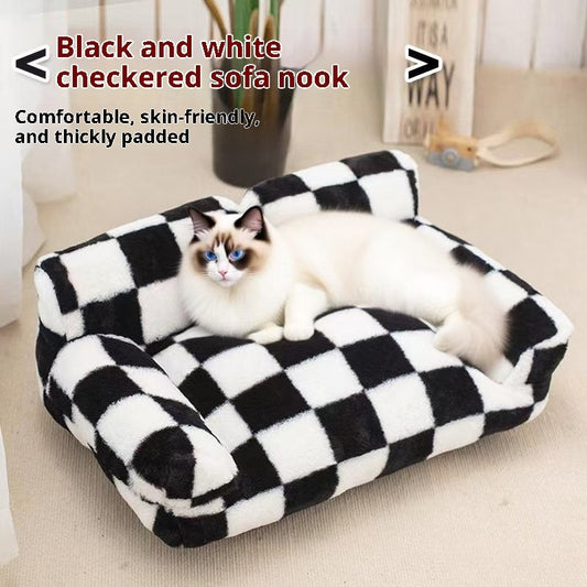 KFX-3270333 Cozy Black and White Plaid Plush Dog Kennel for Small to Large Breeds