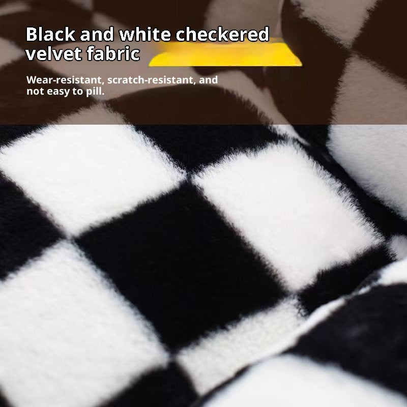 KFX-3270333 Cozy Black and White Plaid Plush Dog Kennel for Small to Large Breeds
