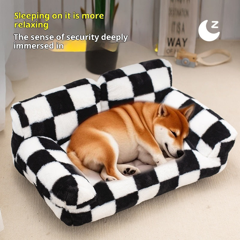 KFX-3270333 Cozy Black and White Plaid Plush Dog Kennel for Small to Large Breeds
