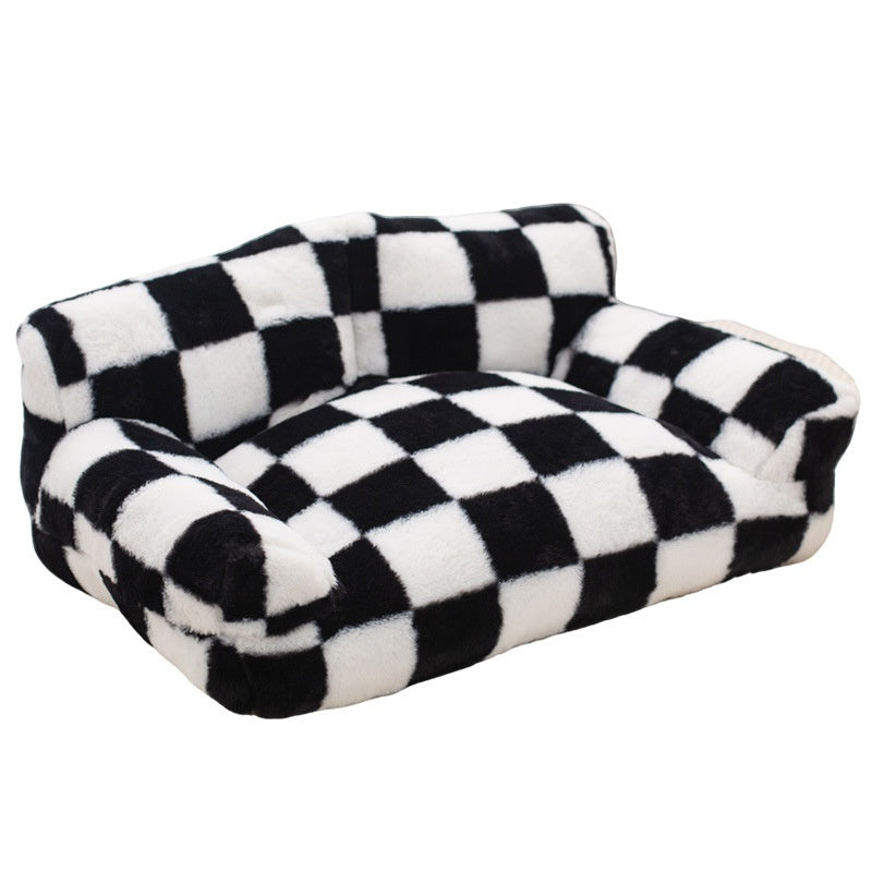 KFX-3270333 Cozy Black and White Plaid Plush Dog Kennel for Small to Large Breeds