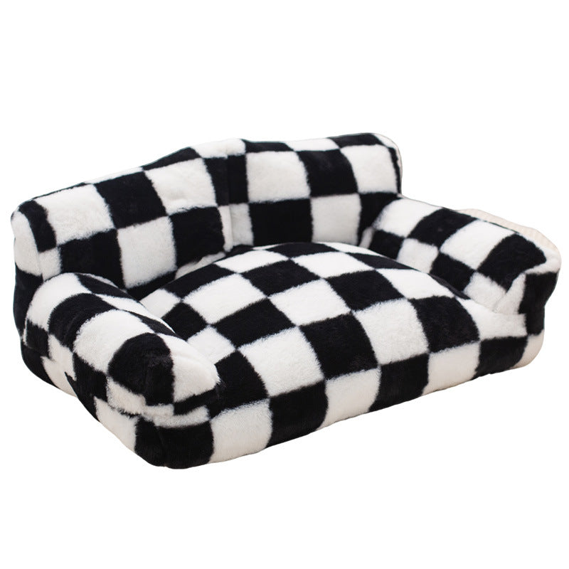 KFX-3270333 Cozy Black and White Plaid Plush Dog Kennel for Small to Large Breeds