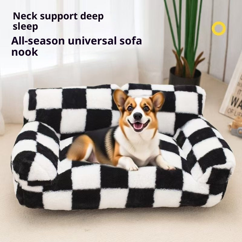 KFX-3270333 Cozy Black and White Plaid Plush Dog Kennel for Small to Large Breeds