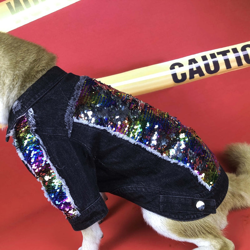 KFX-3274429 Sequin Denim Dog Jacket in Black and Blue for Small, Medium, and Large Dogs