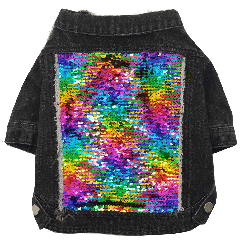 KFX-3274429 Sequin Denim Dog Jacket in Black and Blue for Small, Medium, and Large Dogs