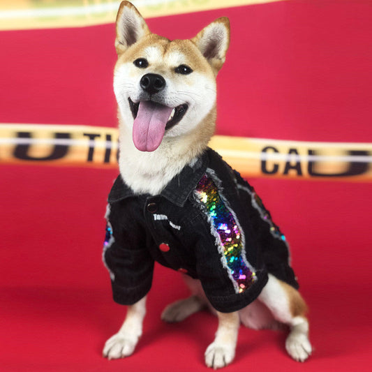 KFX-3274429 Sequin Denim Dog Jacket in Black and Blue for Small, Medium, and Large Dogs