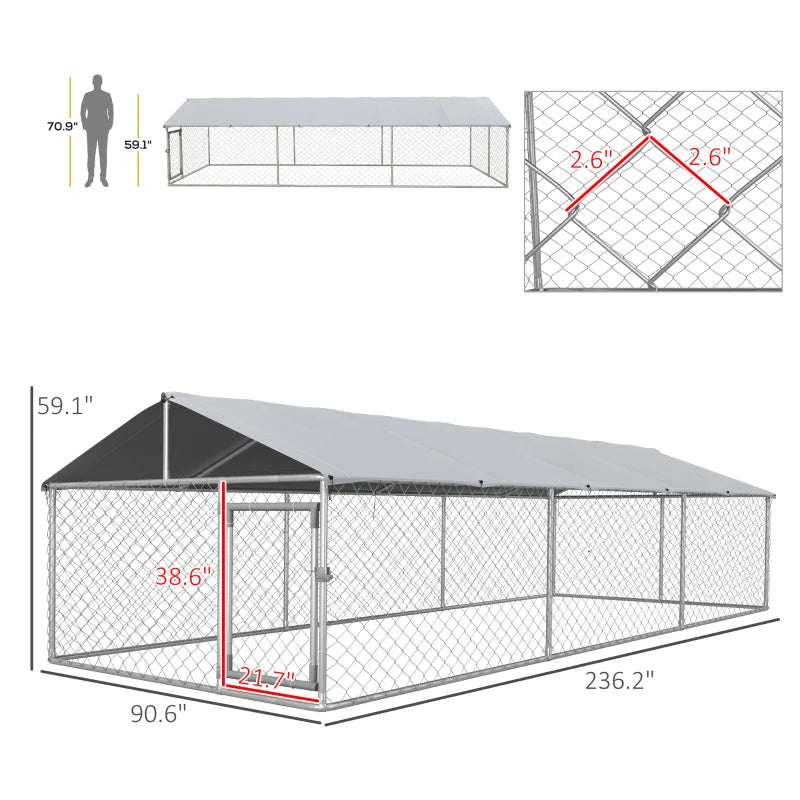 KFX-3281469 Large Outdoor Dog Kennel with Waterproof UV-Resistant Roof - Silver, 149 ft² Space for Dogs up to 66 lbs