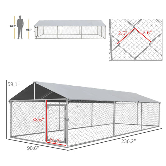 KFX-3281469 Large Outdoor Dog Kennel with Waterproof UV-Resistant Roof - Silver, 149 ft² Space for Dogs up to 66 lbs