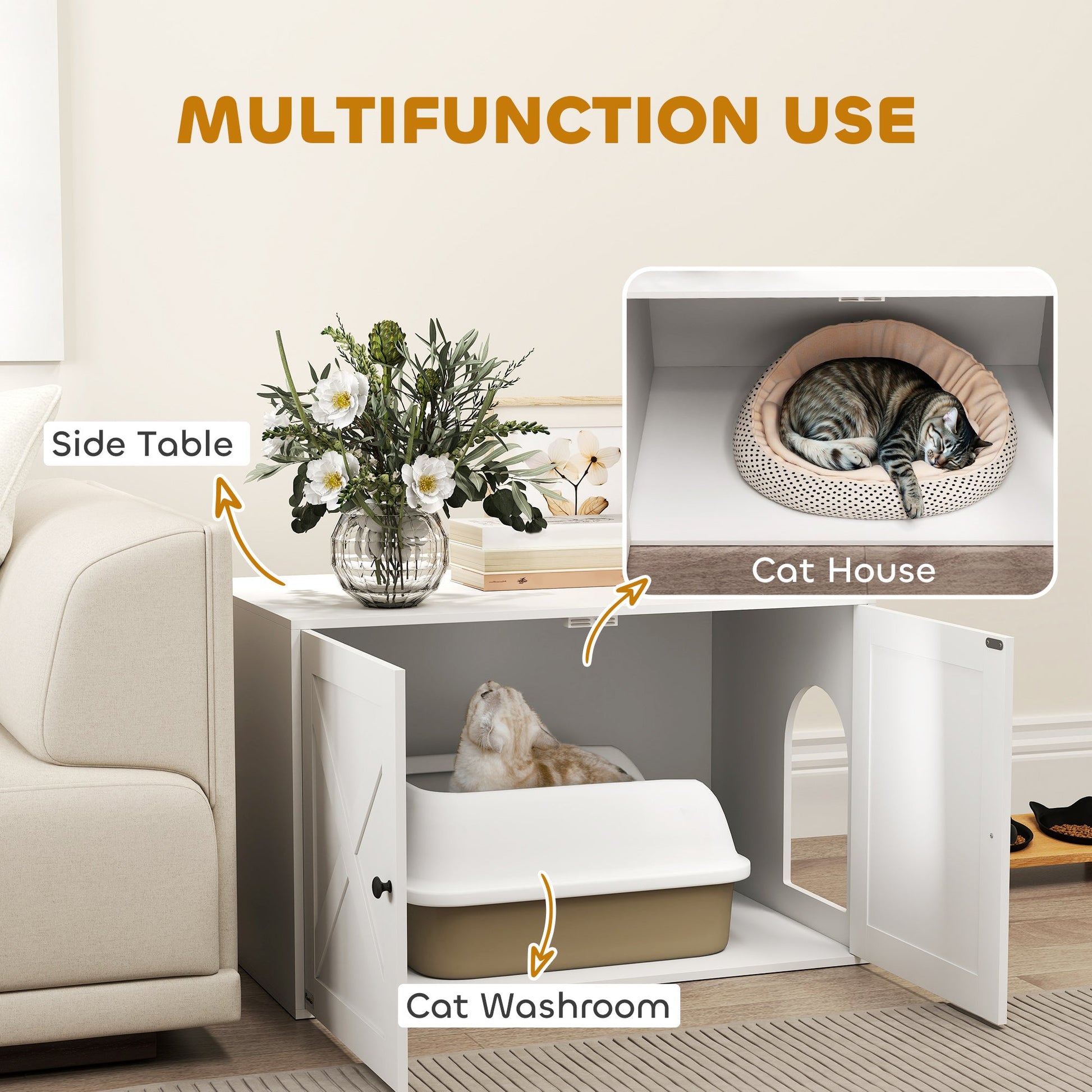 KFX-3283261 Stylish Cat Litter Box Enclosure with Barn Door - Multifunctional Furniture for Privacy and Organization