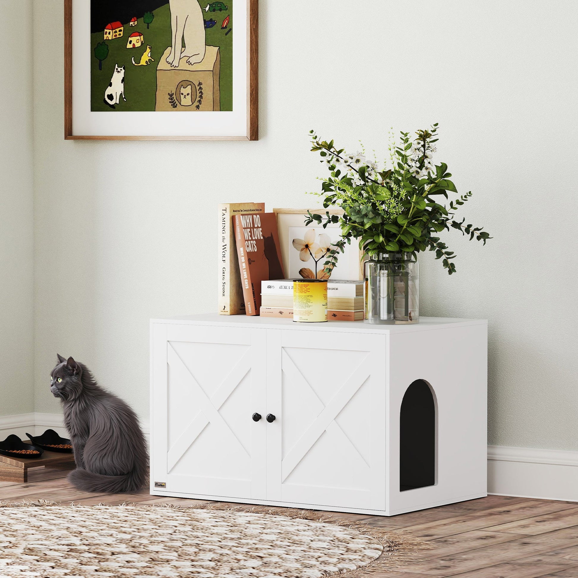 KFX-3283261 Stylish Cat Litter Box Enclosure with Barn Door - Multifunctional Furniture for Privacy and Organization