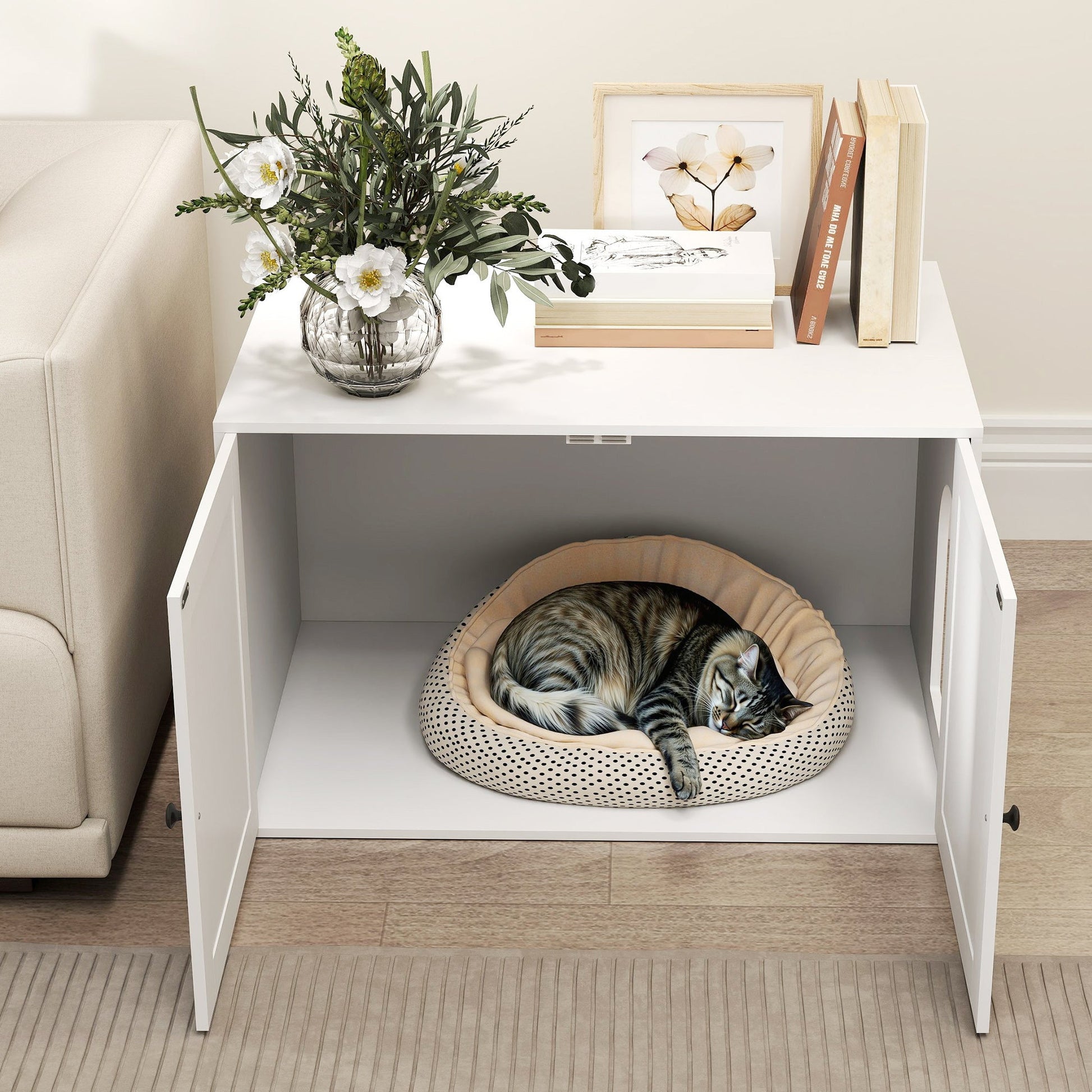 KFX-3283261 Stylish Cat Litter Box Enclosure with Barn Door - Multifunctional Furniture for Privacy and Organization