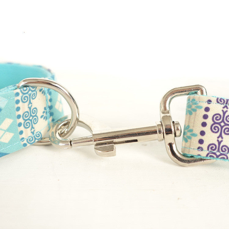 KFX-3287357 Ethnic Blue Handmade Dog Collar and Leash Set - Adjustable, Durable Polyester Material