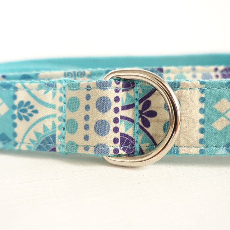 KFX-3287357 Ethnic Blue Handmade Dog Collar and Leash Set - Adjustable, Durable Polyester Material
