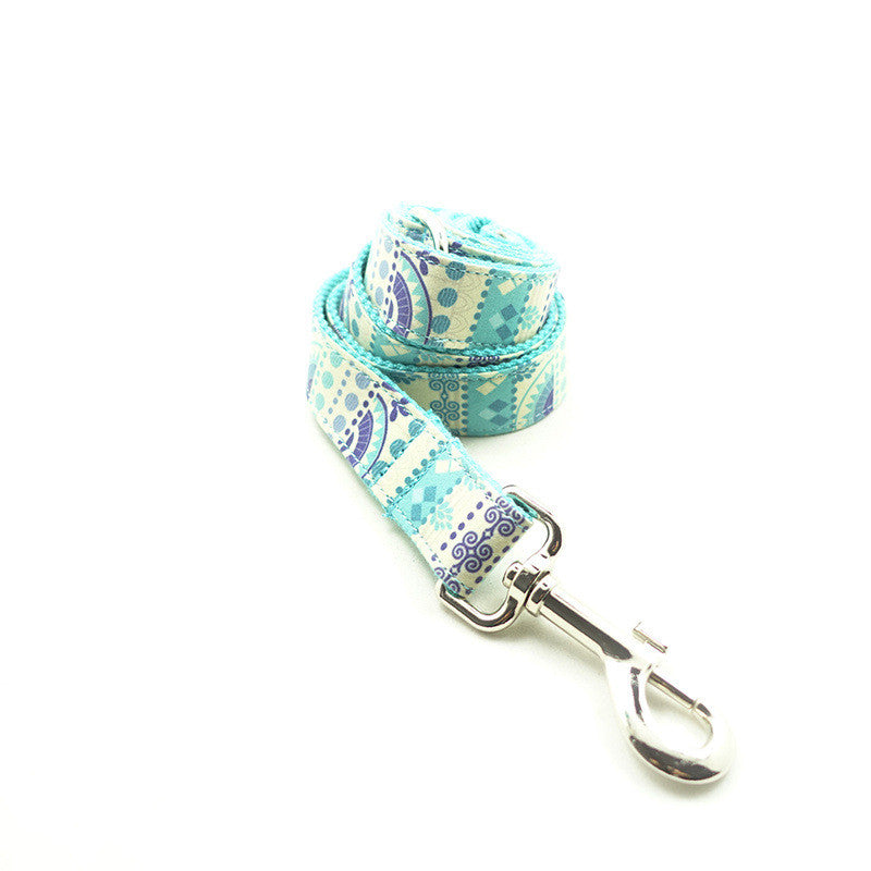 KFX-3287357 Ethnic Blue Handmade Dog Collar and Leash Set - Adjustable, Durable Polyester Material