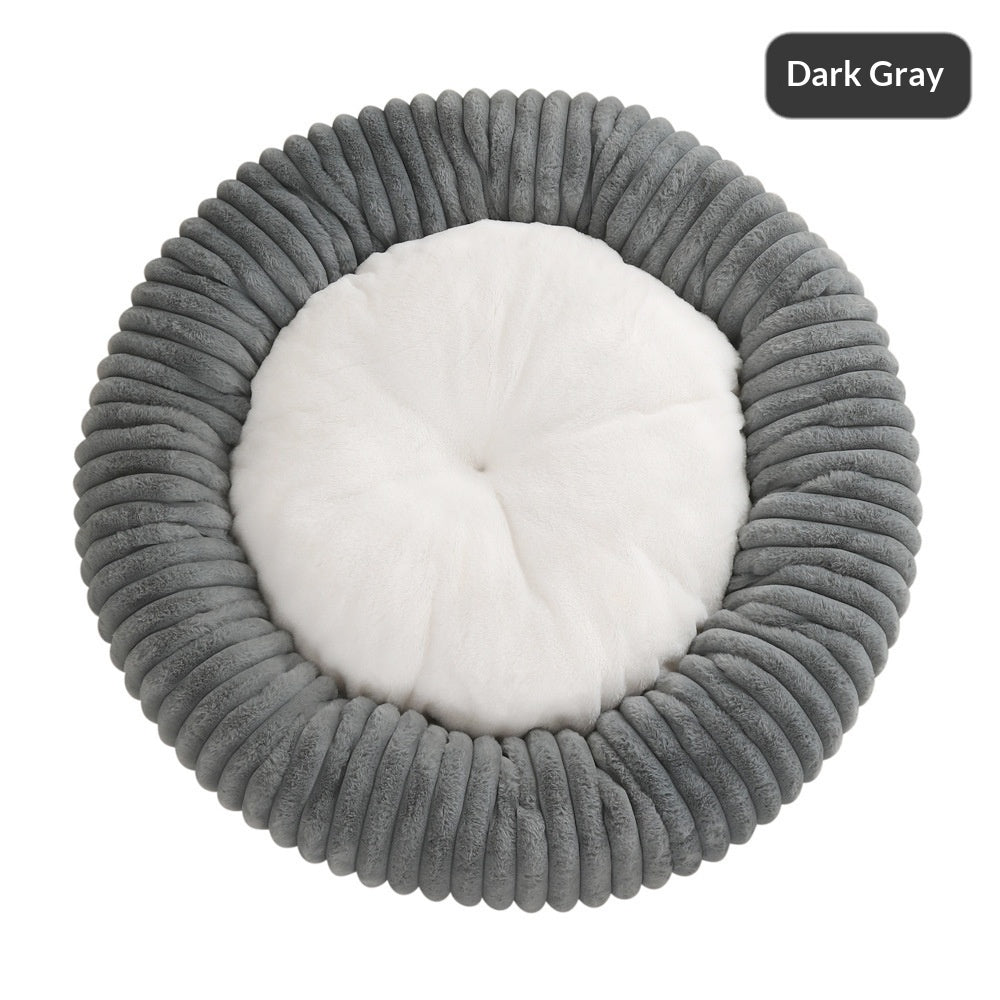 KFX-3295165 Soft Striped Plush Round Pet Bed for Cats and Small Dogs