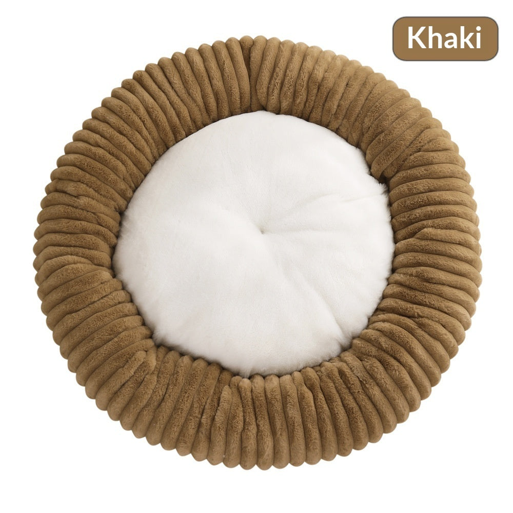 KFX-3295165 Soft Striped Plush Round Pet Bed for Cats and Small Dogs